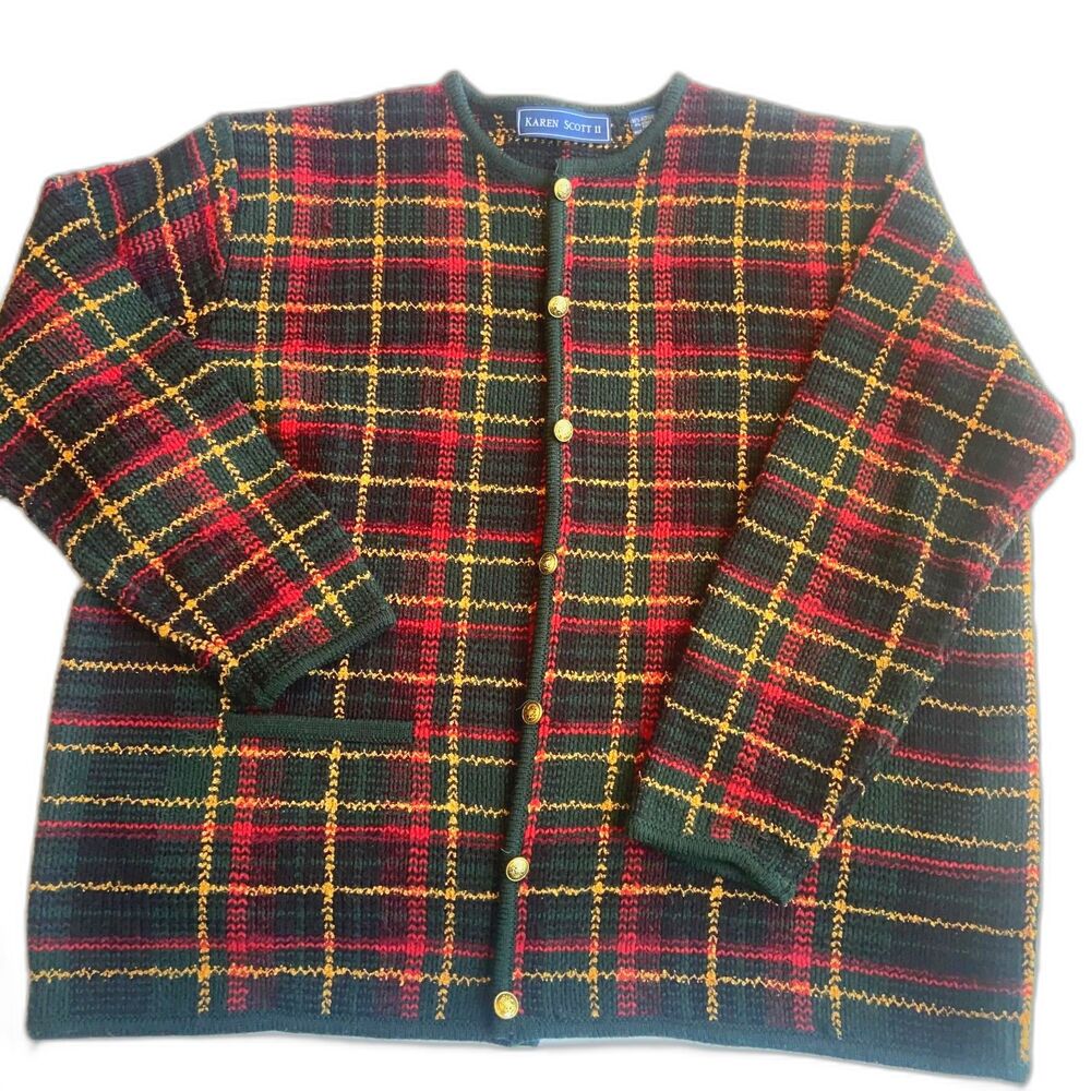 Karen Scott Tartan plaid christmas cardigan sweater 1X cottagecore cabin mom